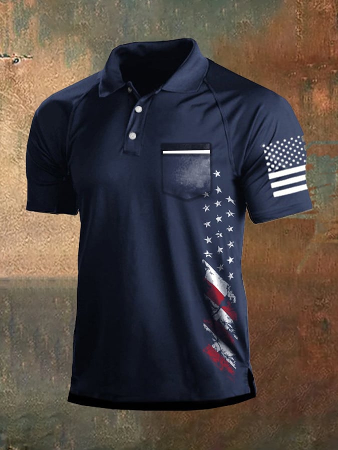 Men's Vintage American Flag Independence Day Pocket Colorblock Polo Shirt