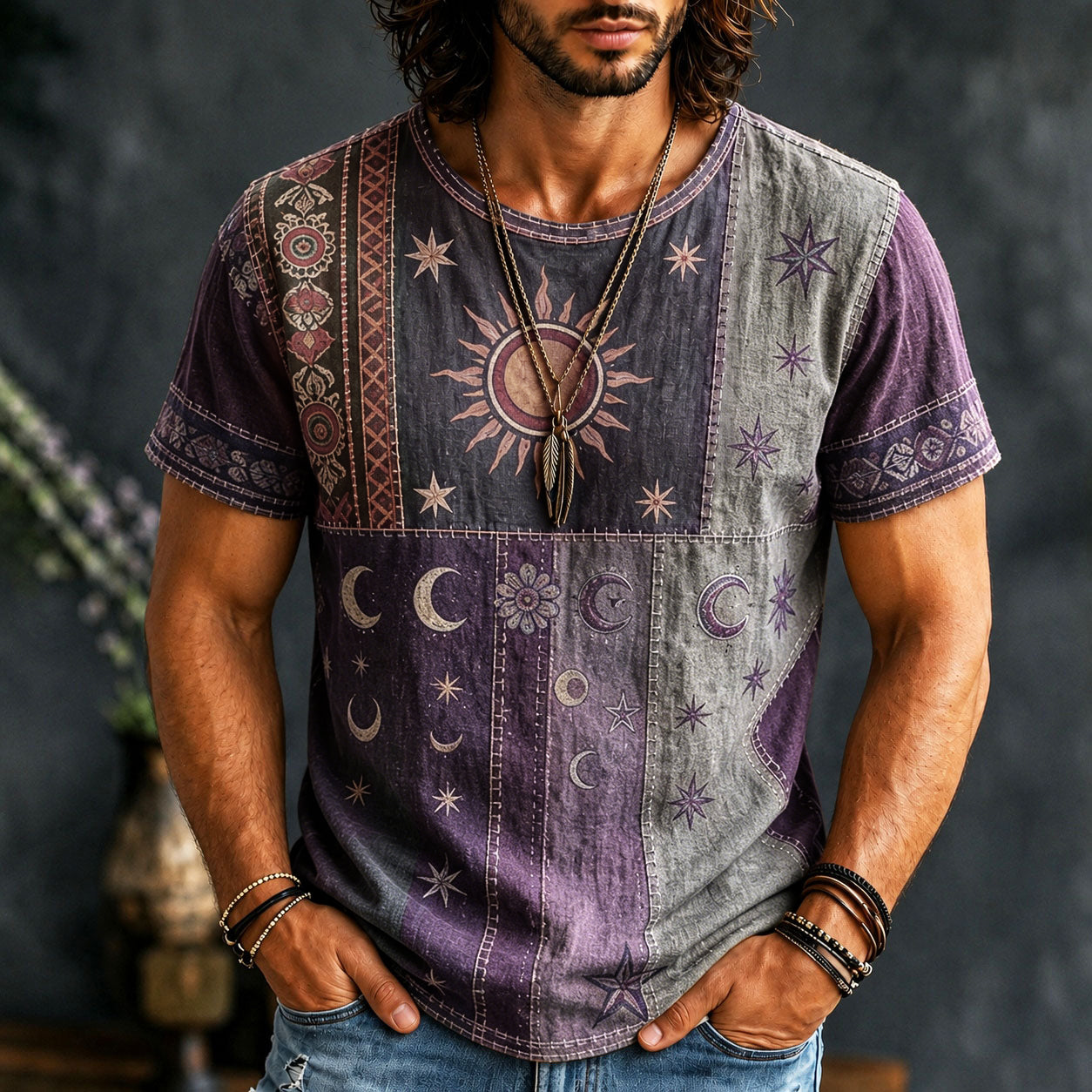 Men's Hippie Sun And Moon Element Patchwork Art Print T-shirt
