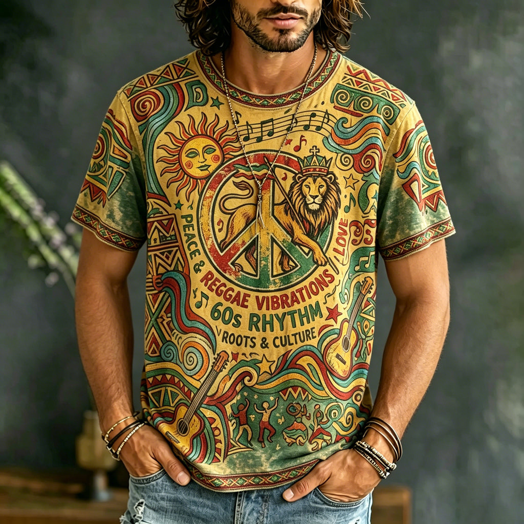 Men's Retro Casual Music Hippie Lion Print Short-sleeve T-shirt