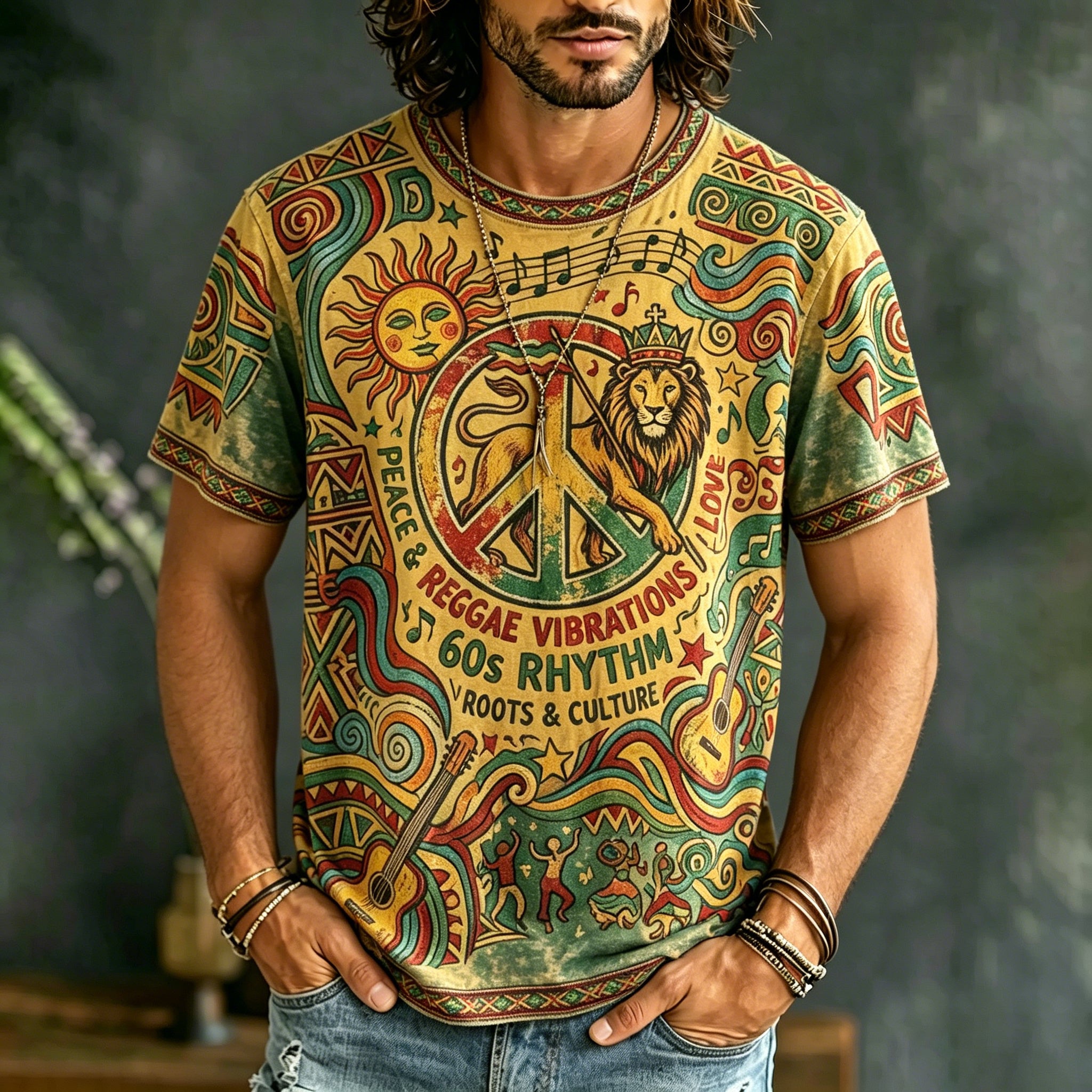 Men's Retro Casual Music Hippie Lion Print Short-sleeve T-shirt