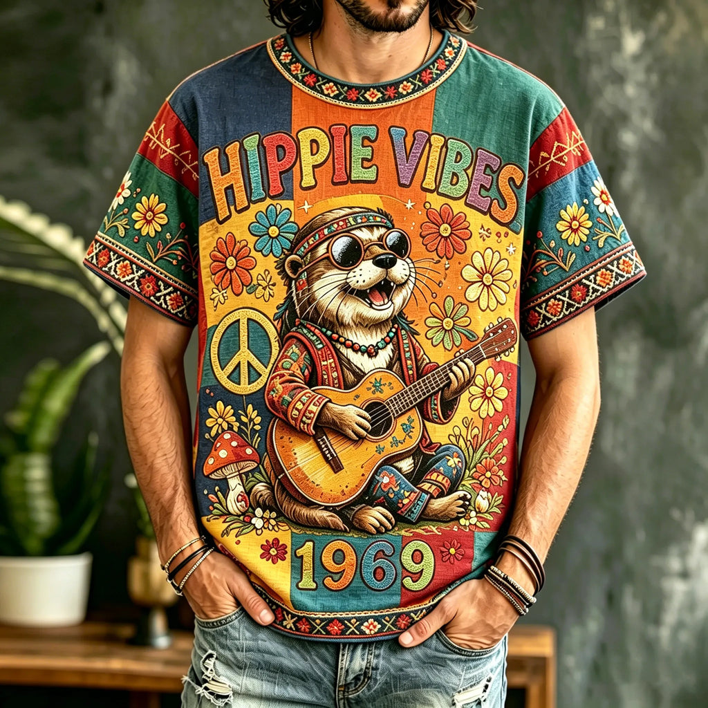Men's Casual Color Block Music Otter Playing Guitar Retro Hippie Crew Neck T-shirt