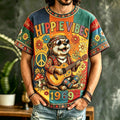Men's Casual Color Block Music Otter Playing Guitar Retro Hippie Crew Neck T-shirt