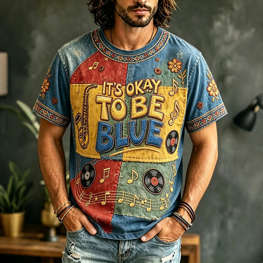 Men's Casual Color Block Music Blue Retro Hippie Crew Neck T-shirt