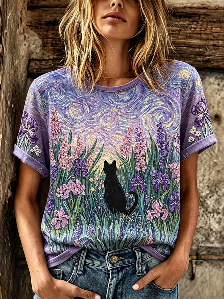 Women's Retro Black Cat Lavender Floral Design Crew Neck Short Sleeve T-shirt