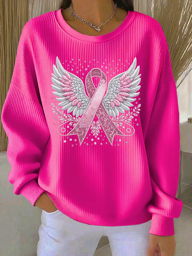 Women'S Pink Ribbon Print Casual Sweatshirt