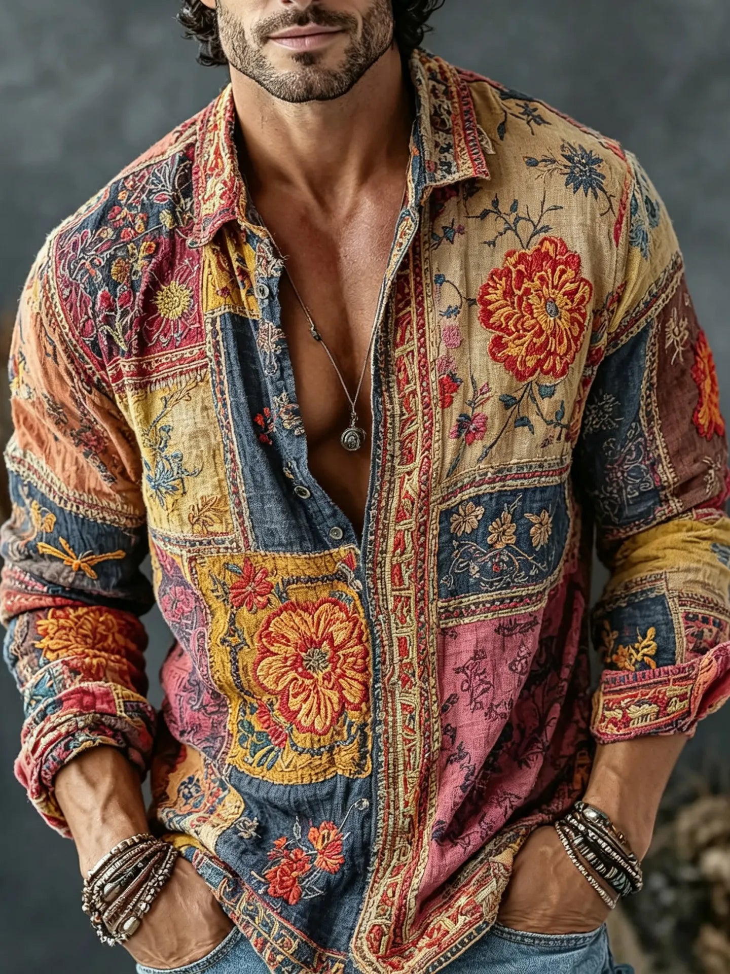 Men's Retro Floral Patchwork Embroidered Art Print Flowy Linen Blend Casual Shirt