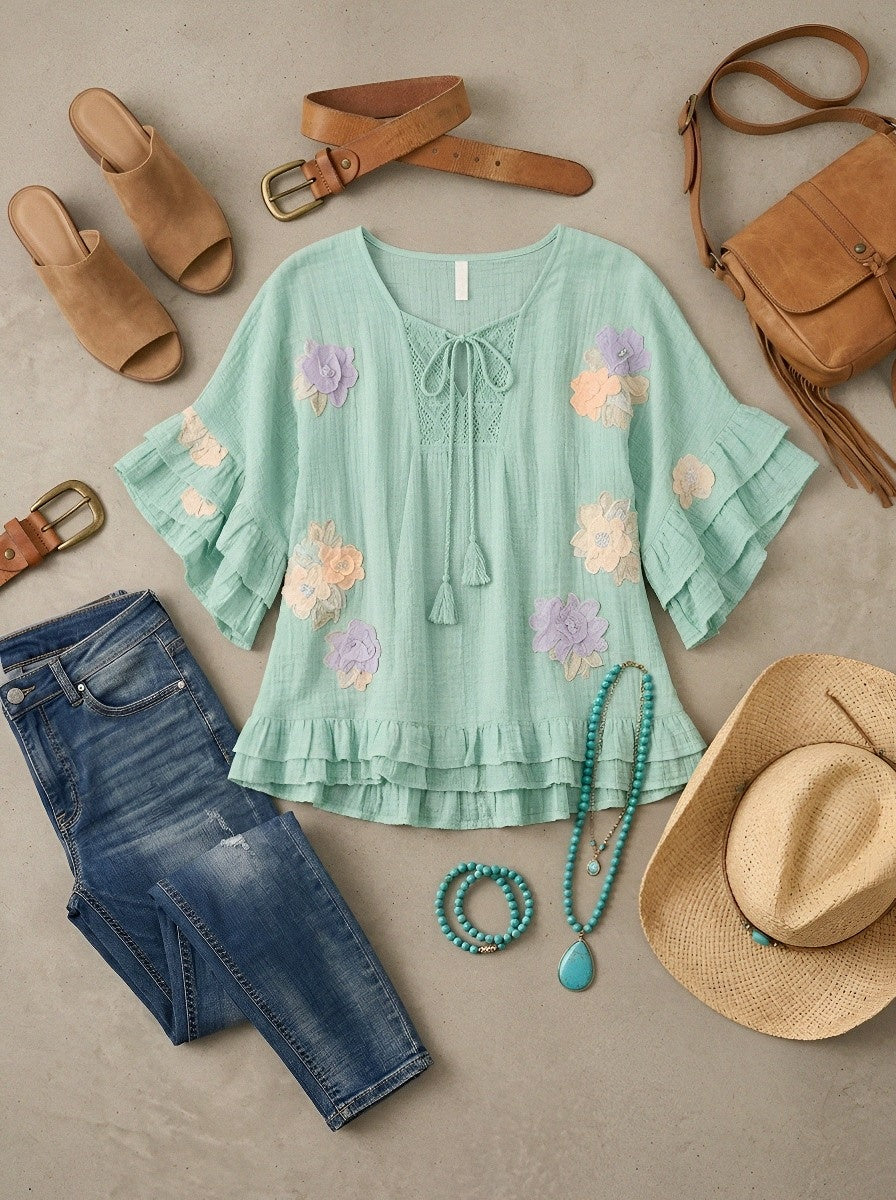 Women's Western Vintage Floral Embroidered Ruffle Sleeve Top
