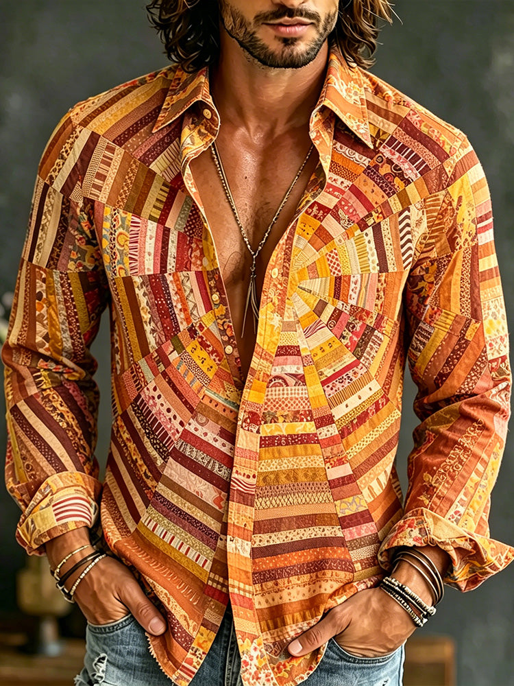 Men's Hippie Style Sun Patchwork Art Long Sleeve Shirt