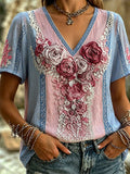 Women's Casual Retro Short-Sleeve Top with Floral Breast Cancer Awareness Print