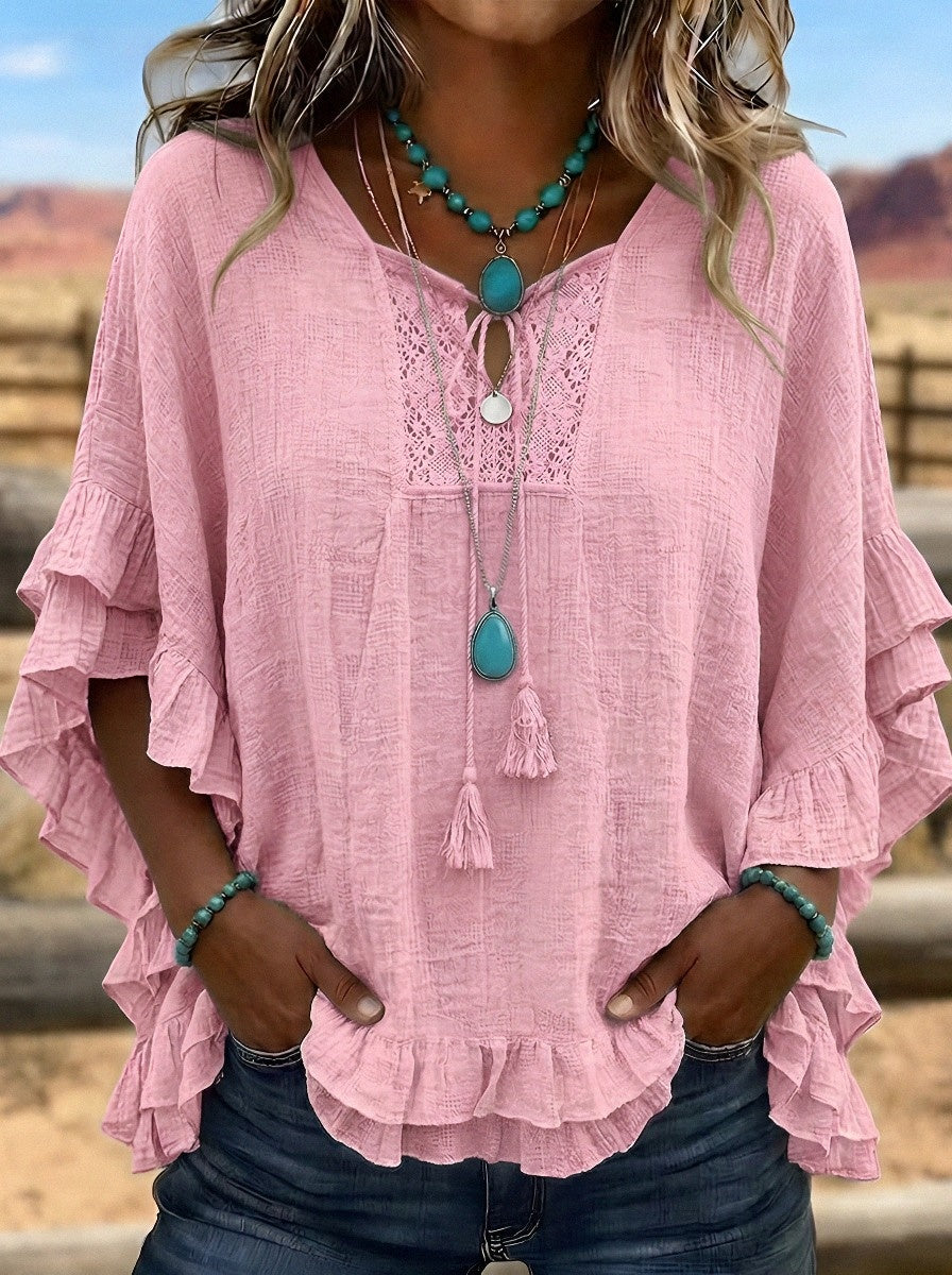 Women's Western Vintage Lace Ruffle Trim Printed Top