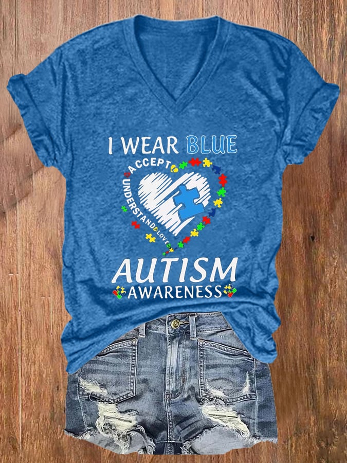 Women'S I Wear Blue For Autism Awareness Printed Casual T-Shirt