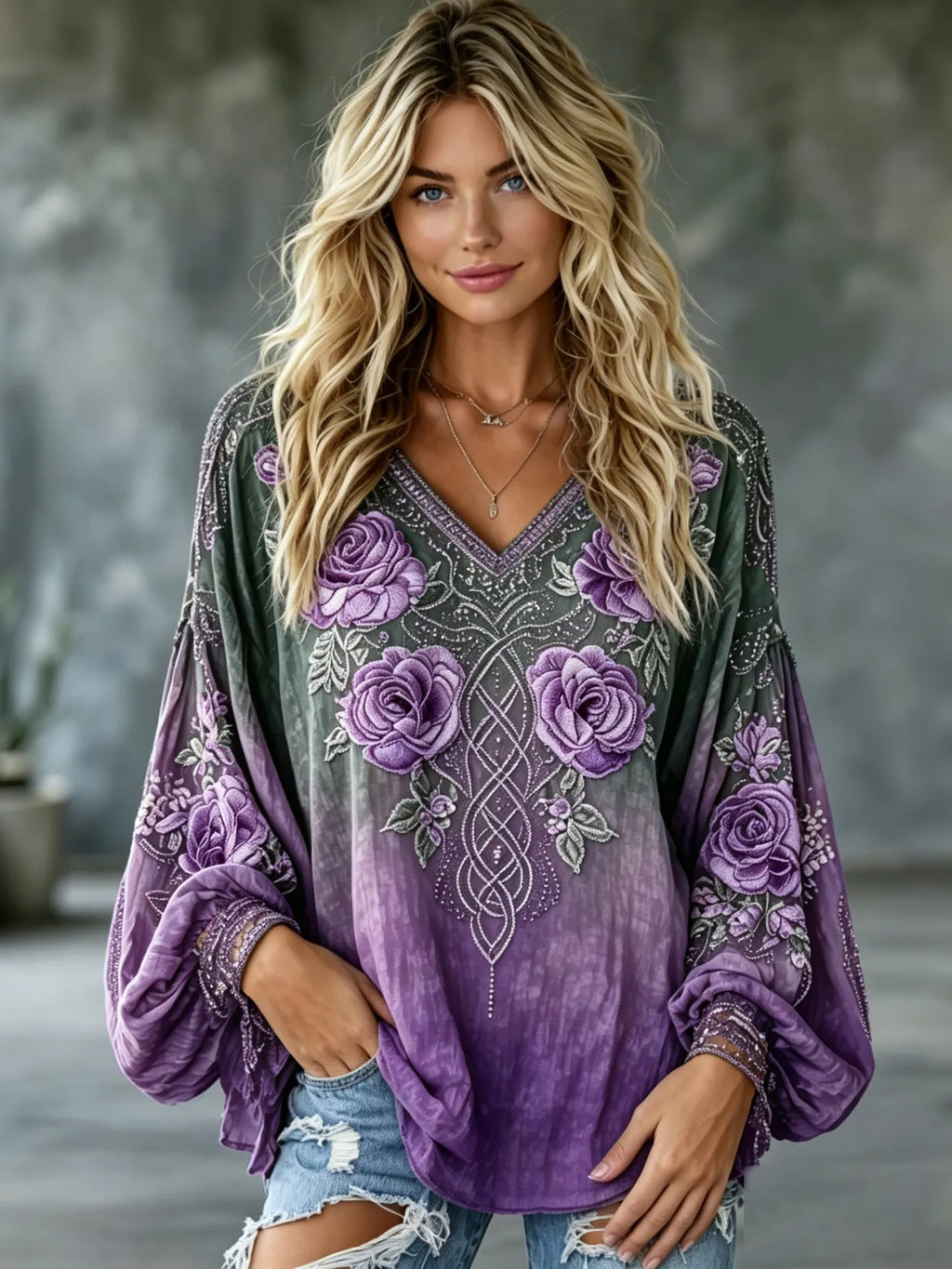 Women's Vintage Floral Celtic Knot Art Flowy Long Sleeve Linen T-shirt