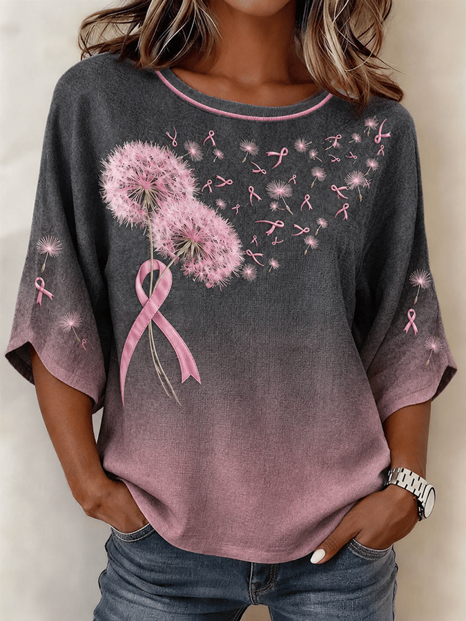 Women's Dandelion & Pink Ribbon Art Pattern Cotton Linen Comfortable Round Neck Top