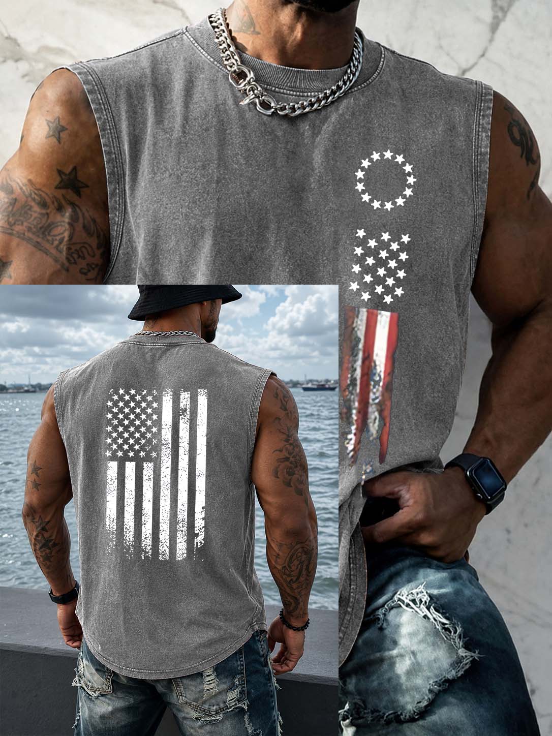 America Flag  Pattern Pattern Sleeveless 100% Cotton Washed Printed Loose Vest