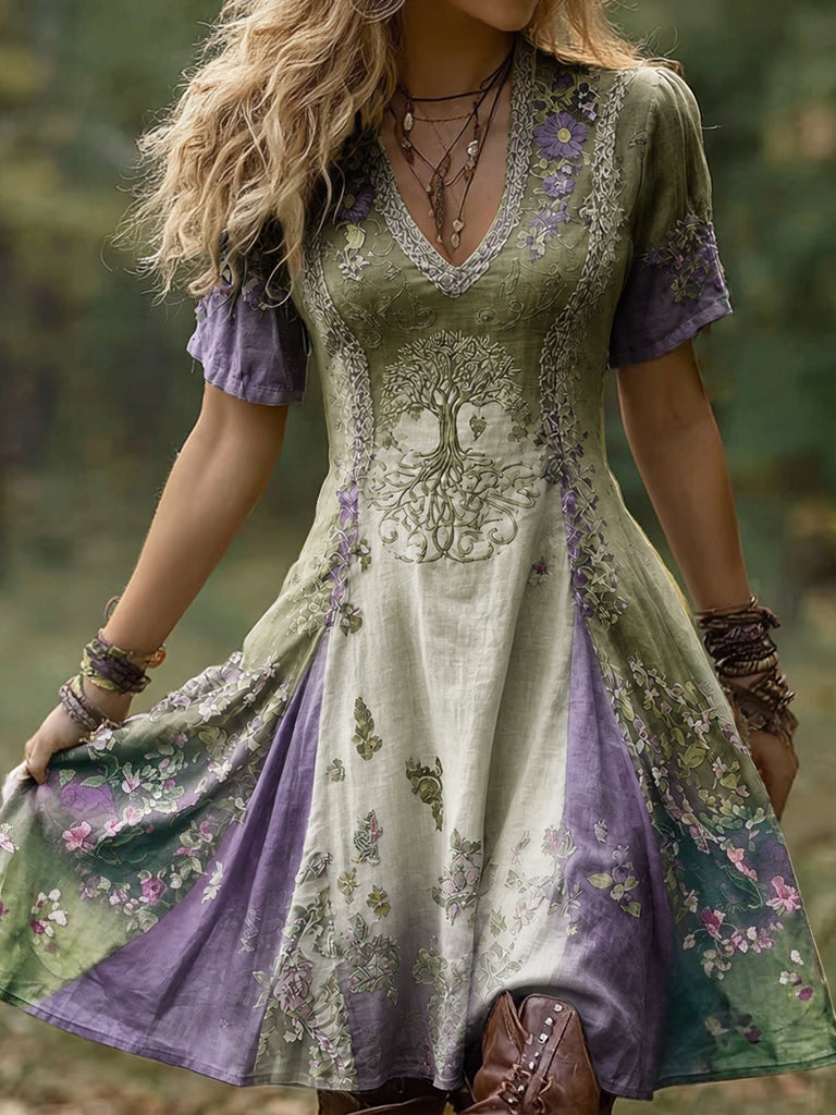 Women's Vintage Viking Tree Of Life Gradient Midi Dress