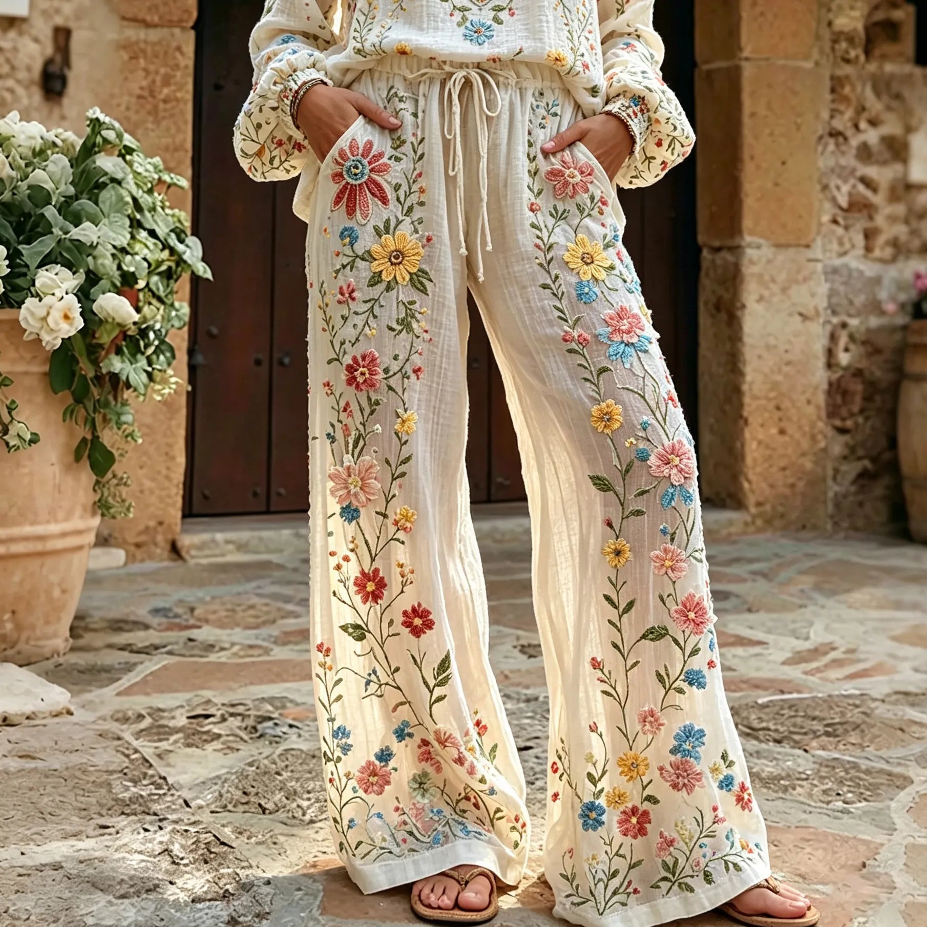 Women's Vintage Floral Pattern Art Embroidered Linen Blend Pants