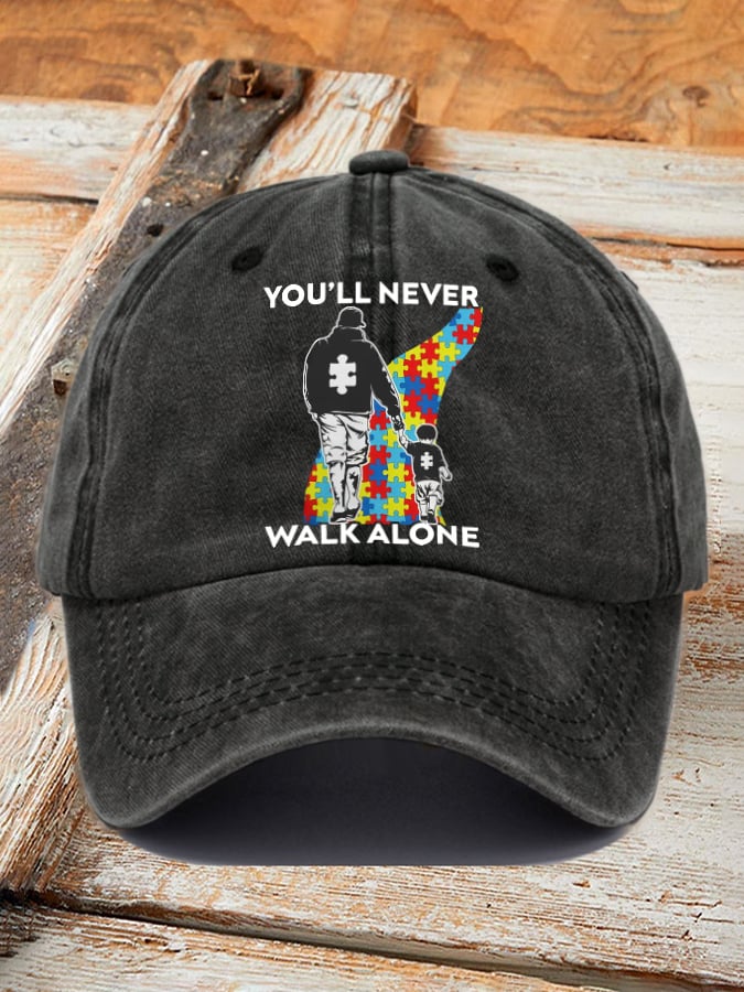 Retro Autism Awareness Dad And Son You'll Never Walk Alone Print Baseball Cap