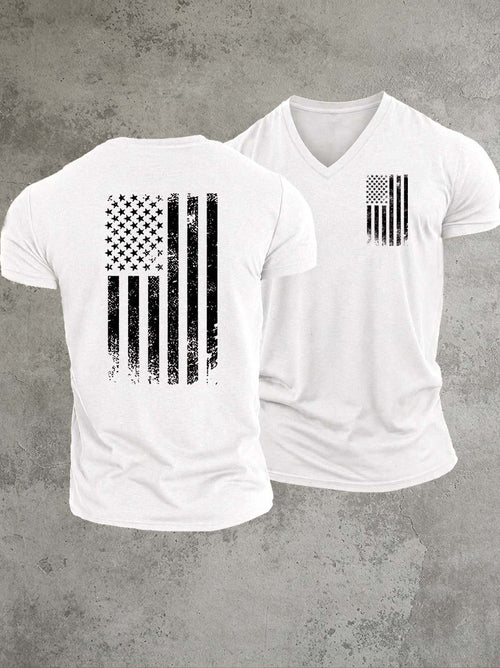 America Flag Pattern Print 100%Cotton V Neck T-Shirt