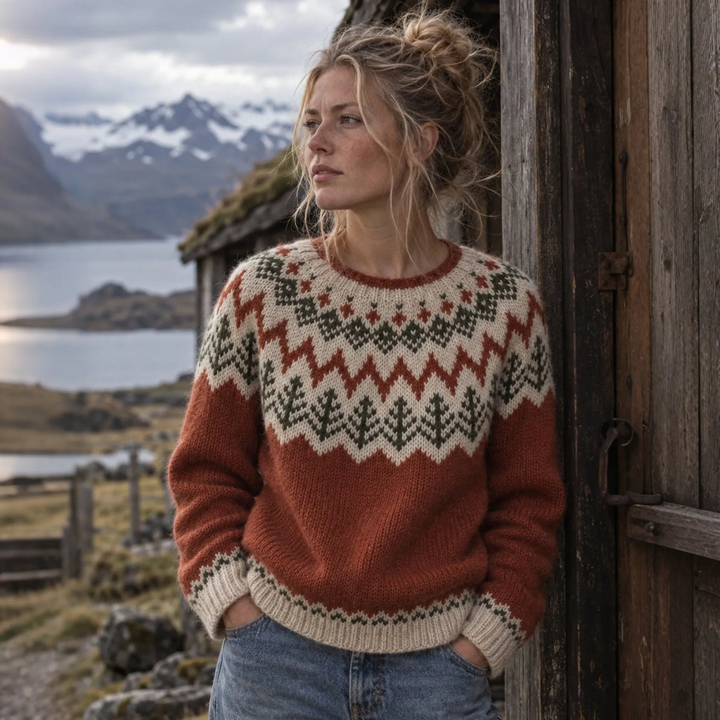 Women's Forest Motif Print Knitted Comfort Round Neck Sweater