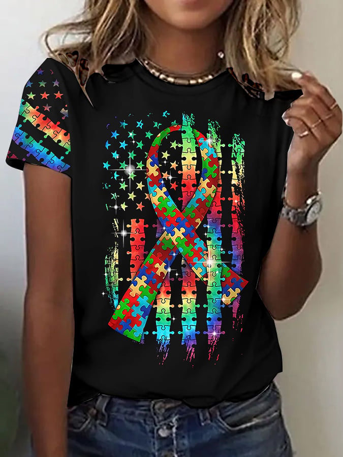 Women’s Retro Autism Awareness Colorful Puzzle Pieces Ribbon American Flag Print Short Sleeve Casual T-Shirt
