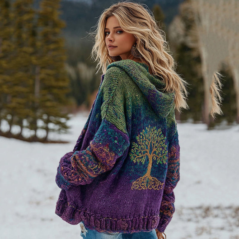 Women's Vintage Viking Tree Of Life And Floral Pattern Knit Zip-up Sweater
