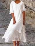 Polyester Cotton Double-Layer Color-Block Slit Short-Sleeved Round Neck Dress