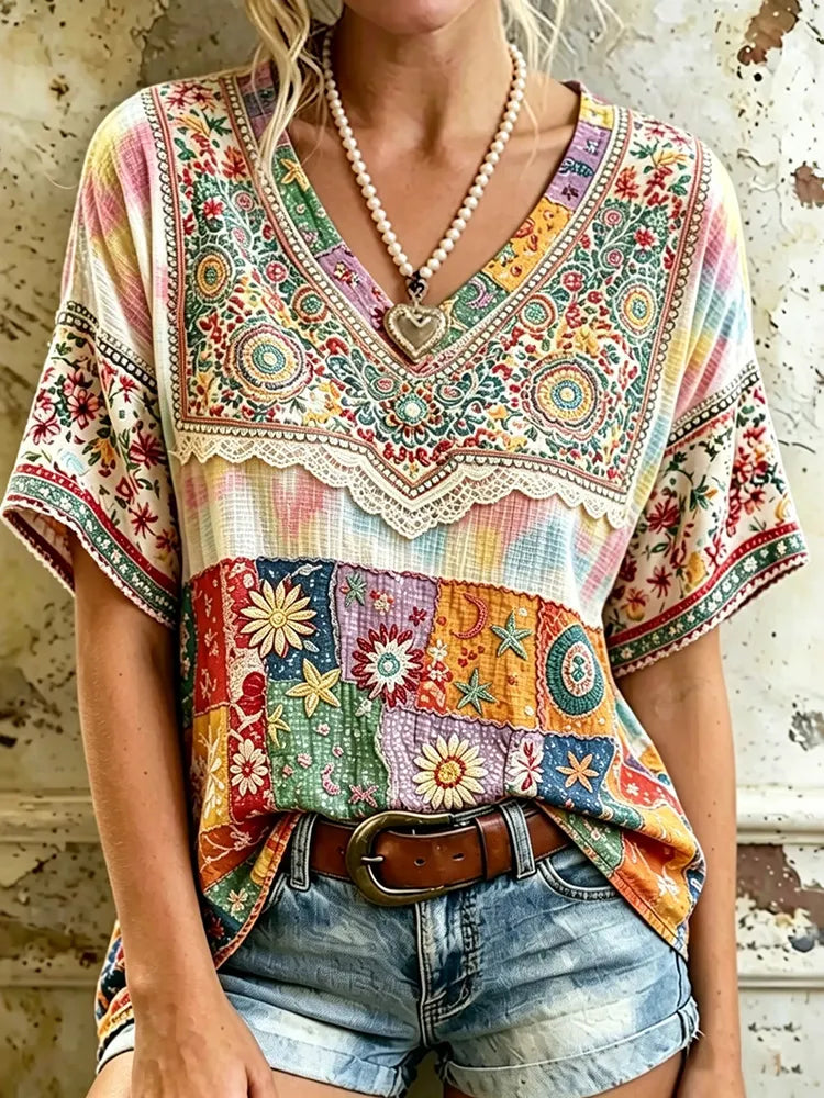 Women's Vintage Hippie Floral And Stars Pattern Art Embroidered Linen Blend V Neck Shirts