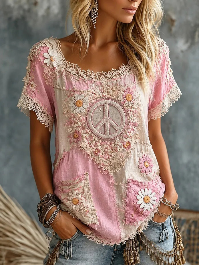 Women's Floral Peace Art Printing Casual Short Sleeve T-shirt