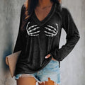 Women's Halloween Skeleton Finger Print Casual Long-sleeve  T-shirt