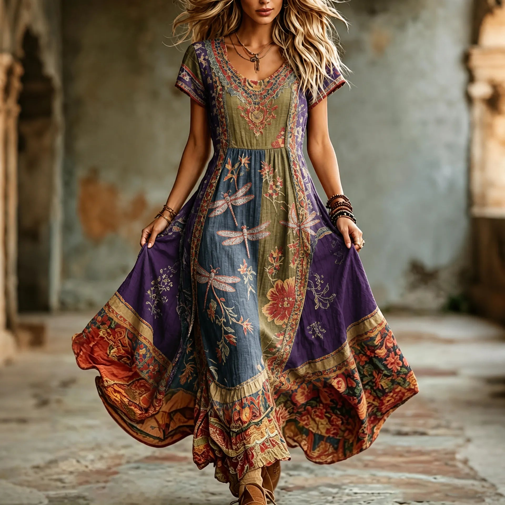 Women's Hippie Floral And Dragonfly Pattern Art Embroidered Linen Blend Maxi Dress