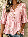 Women's Vintage-Style Printed Cotton-Linen Top