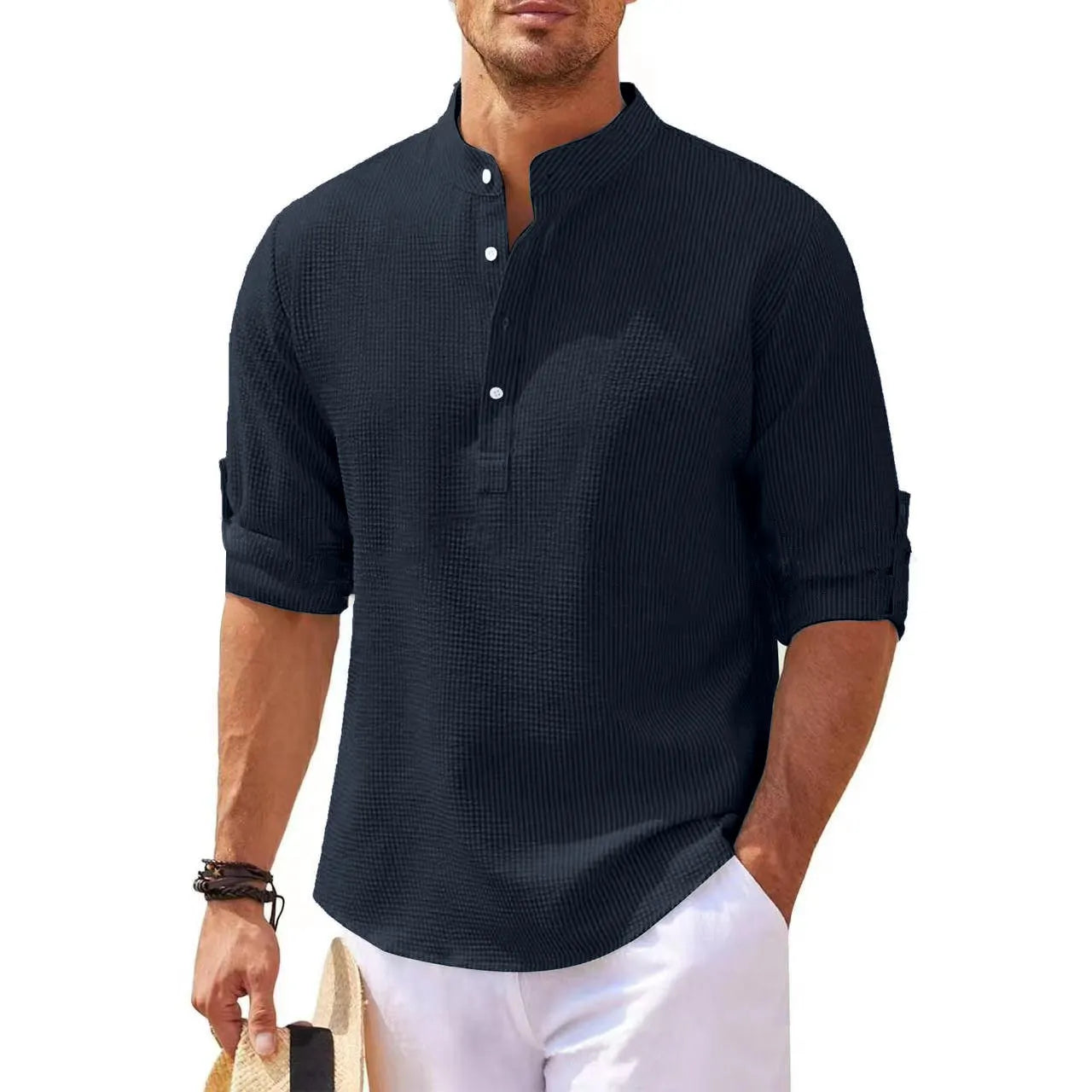 Men's Regular Fit Solid Color Waffle-knit Jacquard Long Sleeve Tee