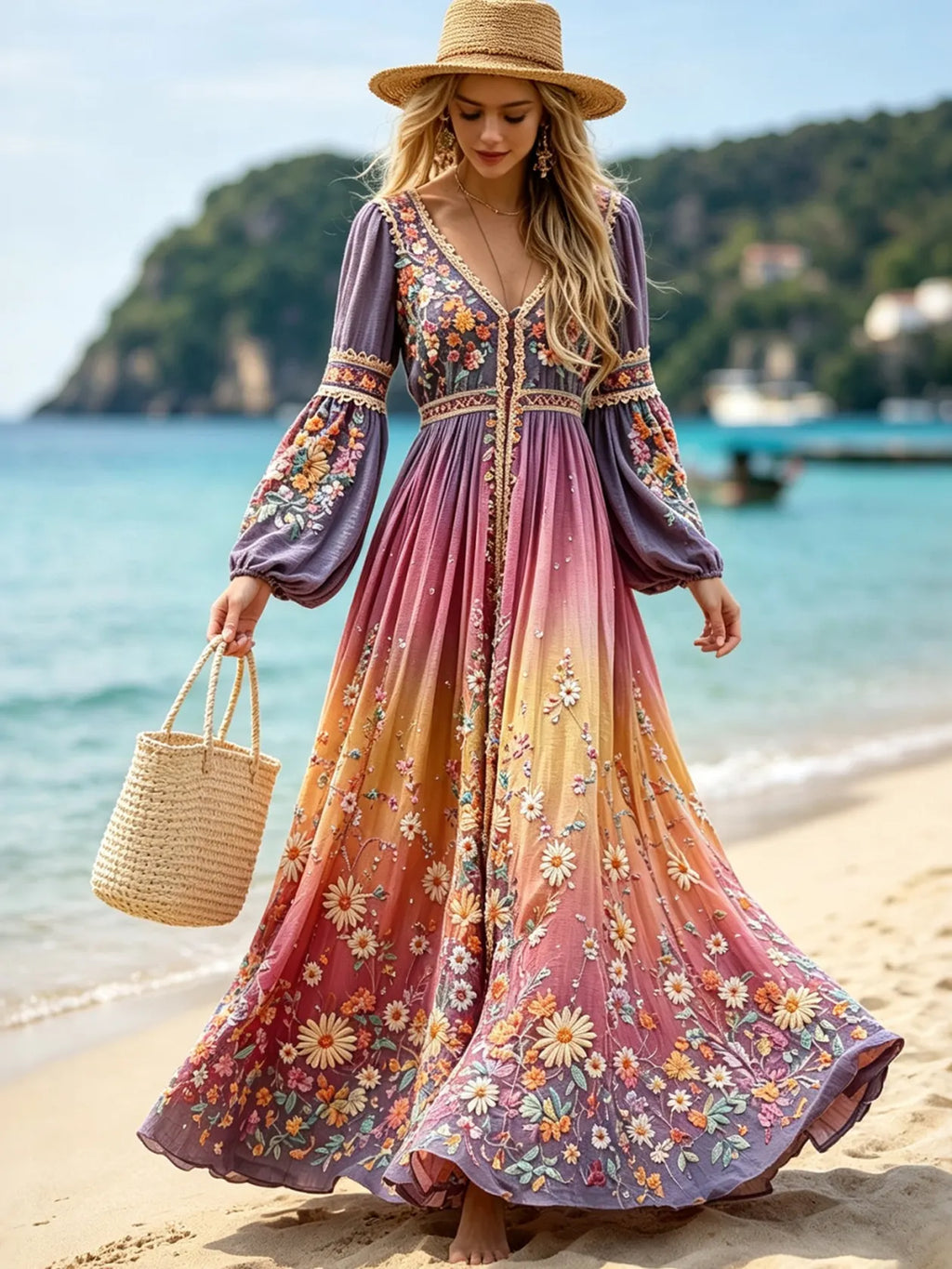 Women's Vintage Floral In Hippie Rainbow Art Print Flowy Linen Blend Long Sleeve Maxi Dress