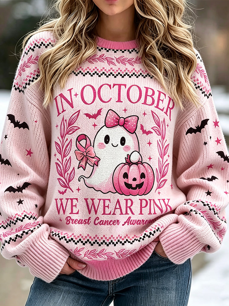 Women's Pink Halloween Ghost Letter Bat Print Crew Neck Sweater