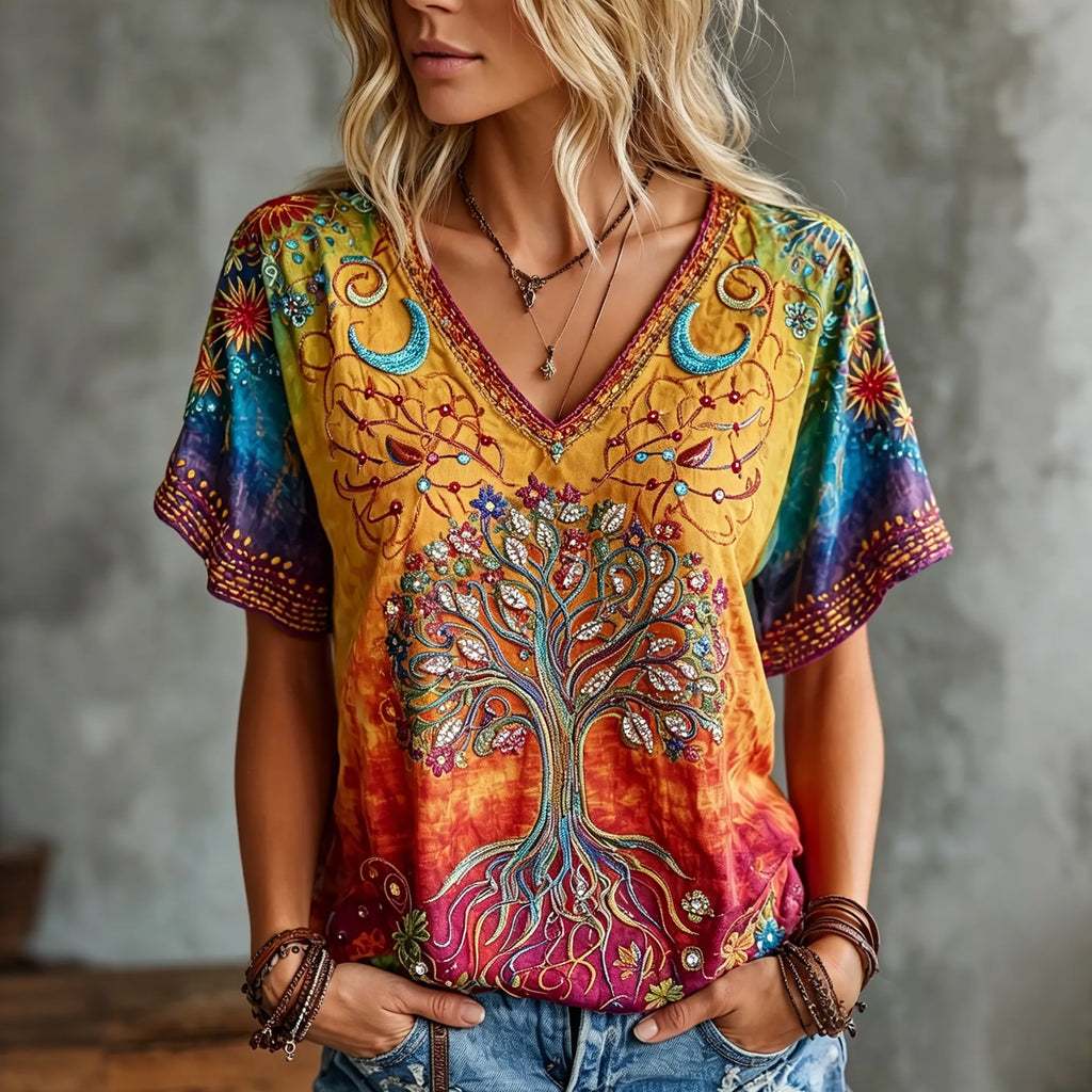 Women's Retro Hippie Tree Of Life Embroidery Art V Neck Short Sleeve T-shirt
