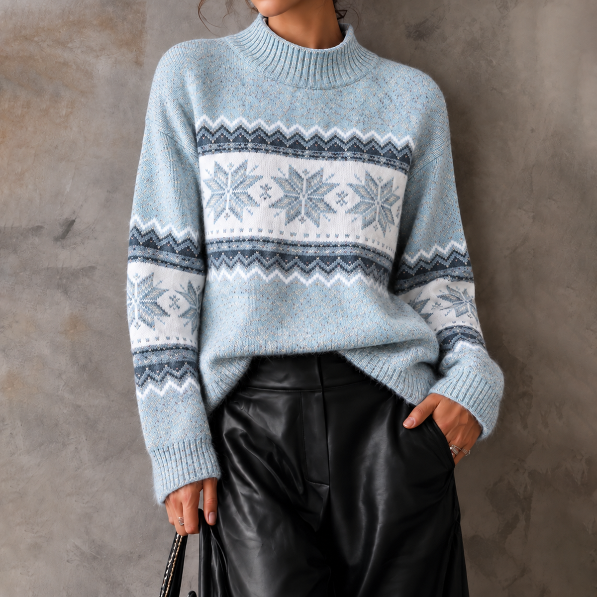 Elegant Mock-neck Snowflake Sweater