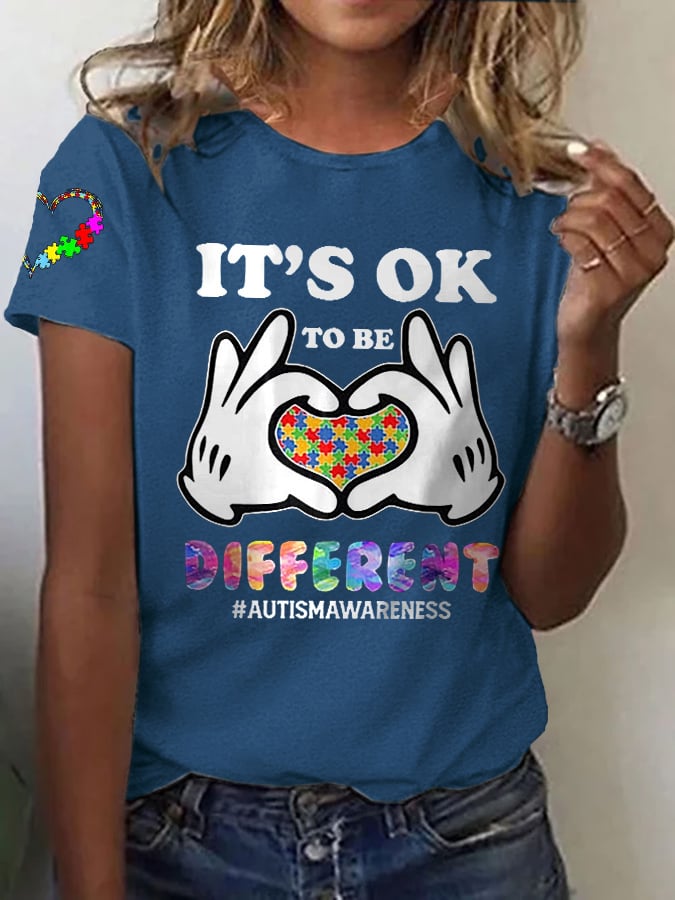 Women's It'S Ok To Be Different Autism Awareness Printed Casual T-Shirt