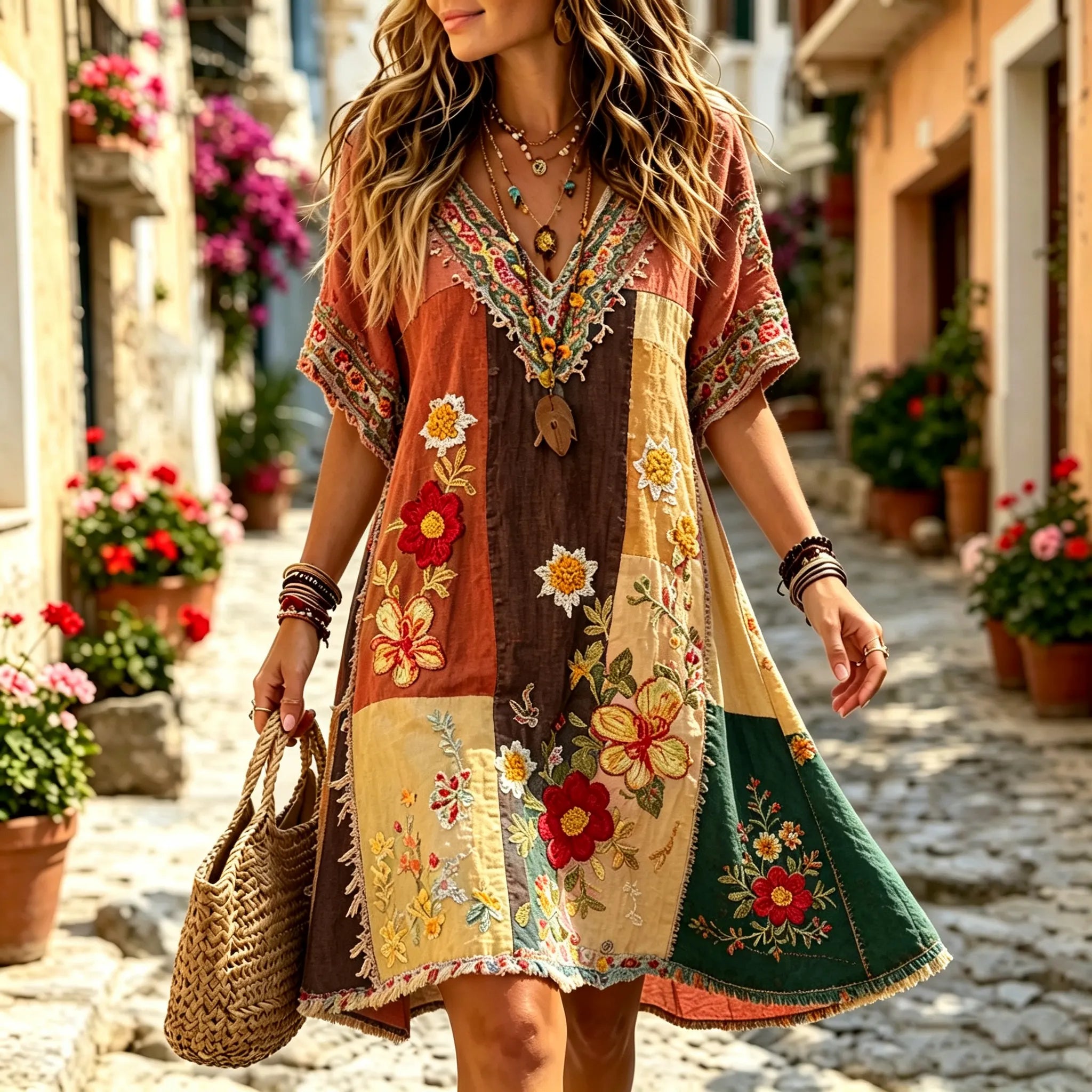 Women's Retro Floral Patchwork Art Cotton Linen Casual Dress