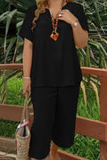 Elegant Plus Size Women's Solid Color Short Sleeve Fashion Top & Casual Wide Leg Pants Set