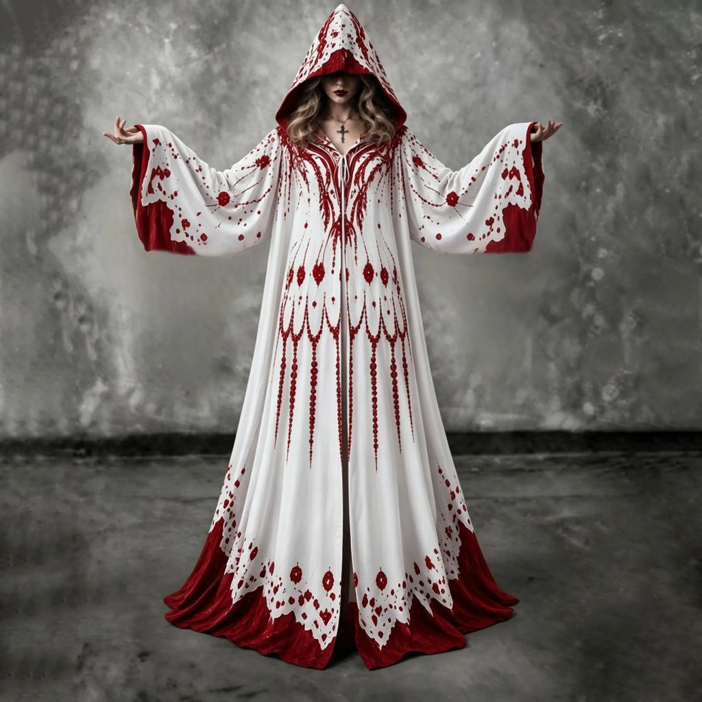 Women's Gothic Blood‐splash Hooded Priestess Robe – Halloween Costume