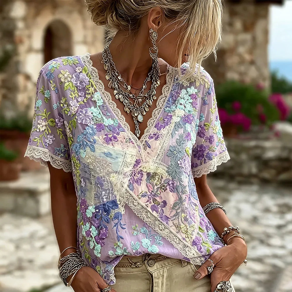 Women's Purple Floral And Sequin Lace Cotton Linen V-neck Short-sleeved Top
