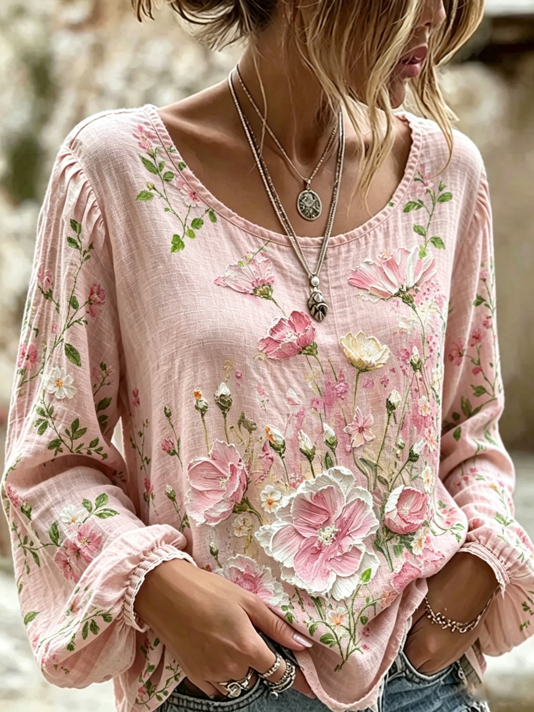 Women's Pink Casual Top with Oil-Painting-Style Floral Print