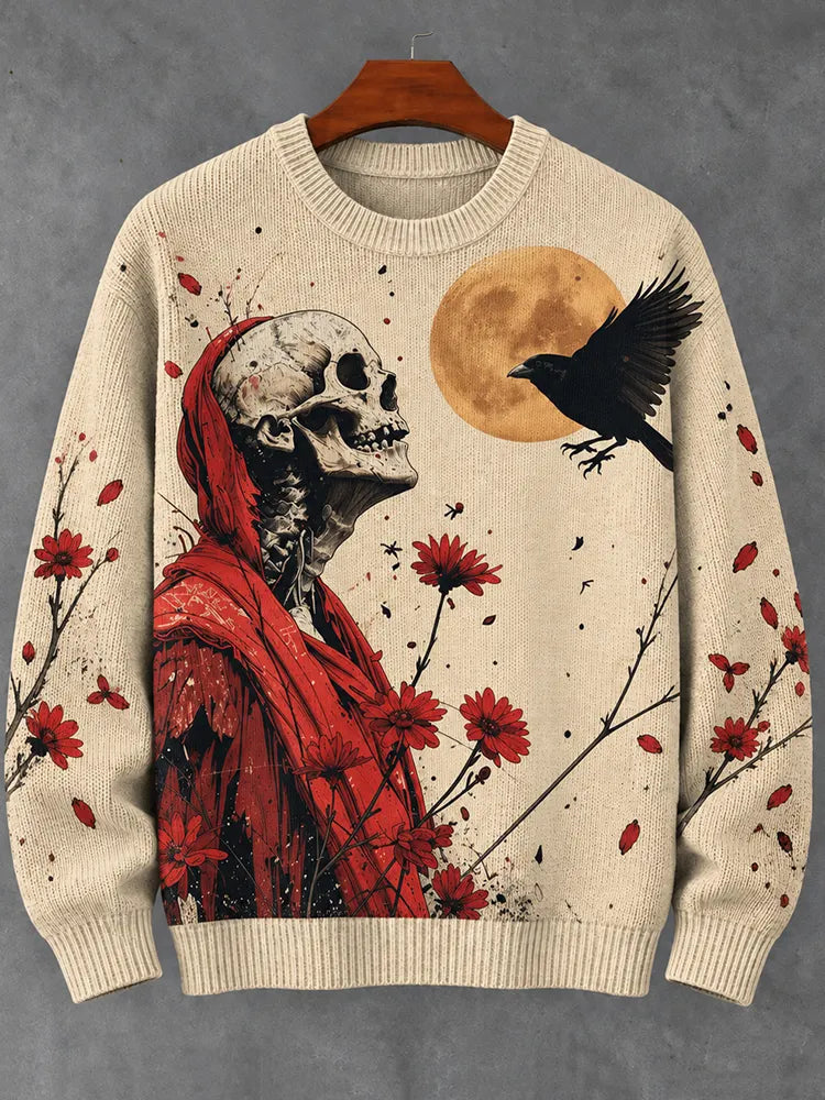 Men's Retro Japanese Skull Print Crew Neck Cozy Knit Sweater