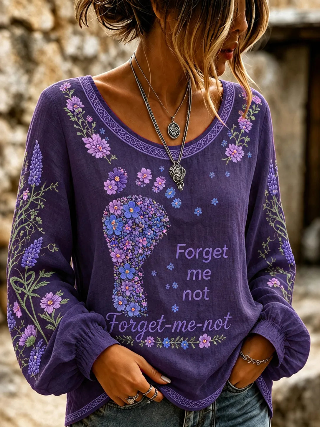 Women's Forget Me Not Print Alzheimer's Awareness Support T-shirt