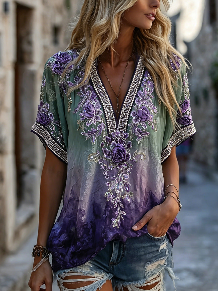 Classy Gradient Purple Lavender And Floral Art Linen Blend Loose Shirt