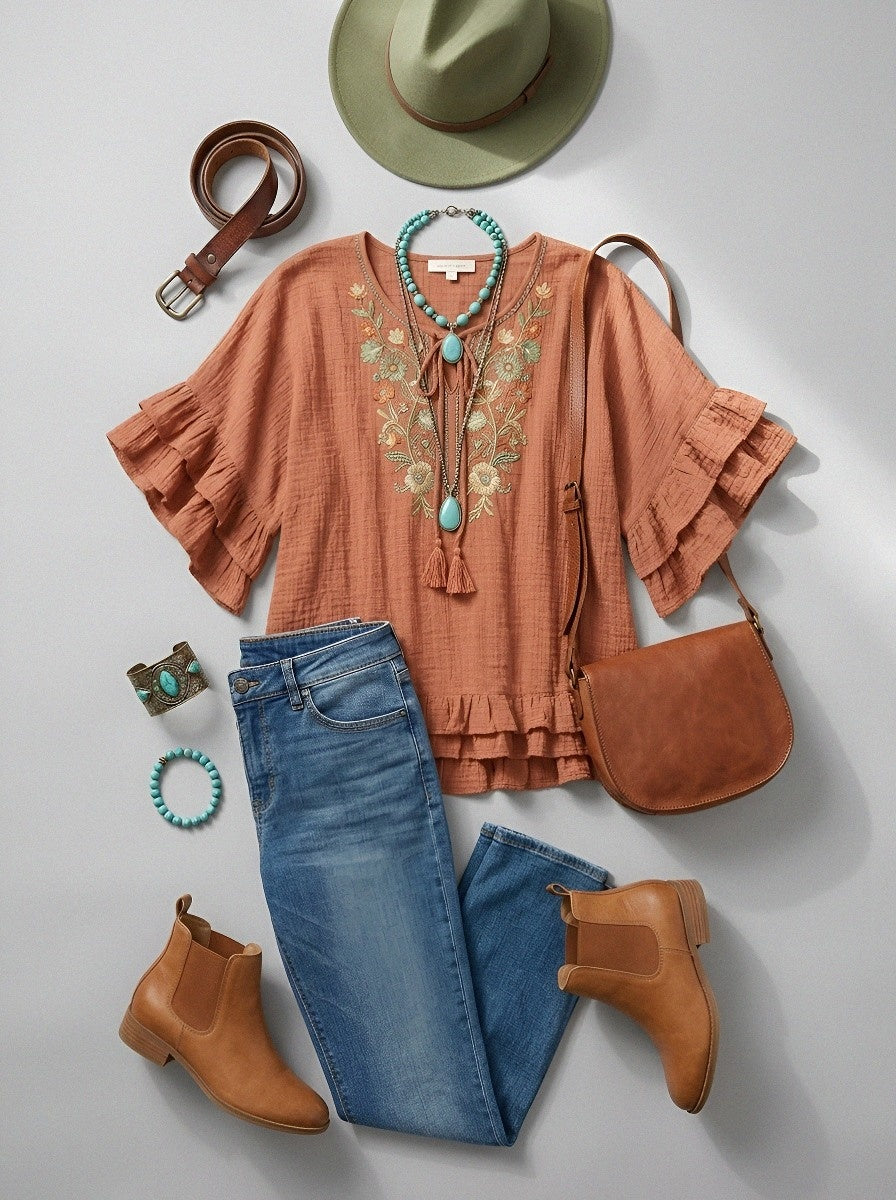 Women's Western Vintage Floral Embroidered Ruffle Printed Top