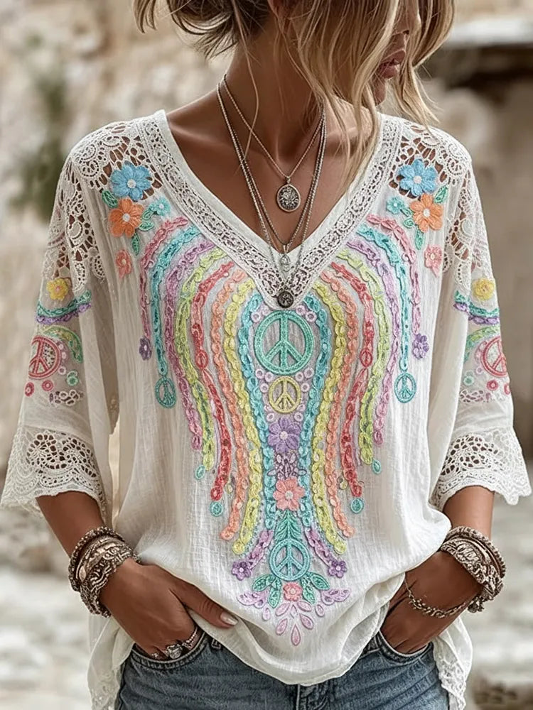 Women’s Boho V-neck Blouse With Colorful Peace Sign And Floral Embroidery