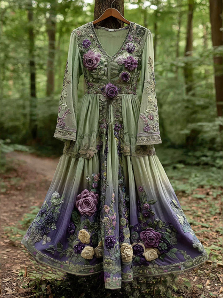 Classy Gradient Purple Lavender And Floral Embroidered Linen Maxi Dress