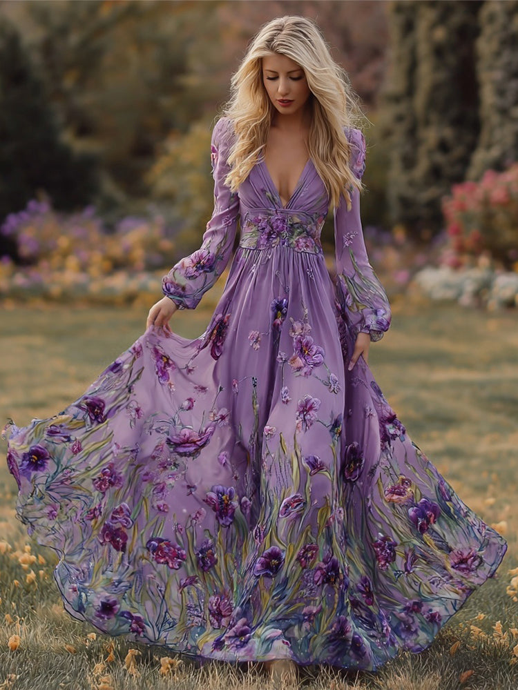 Vintage Purple Floral Pattern V Neck Flowy Maxi Dress