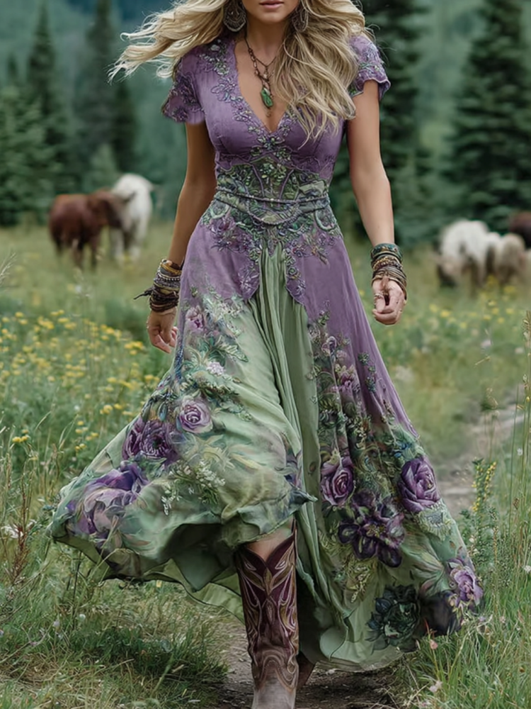 Classy Gradient Purple Lavender And Floral Printed Short Maxi Dress
